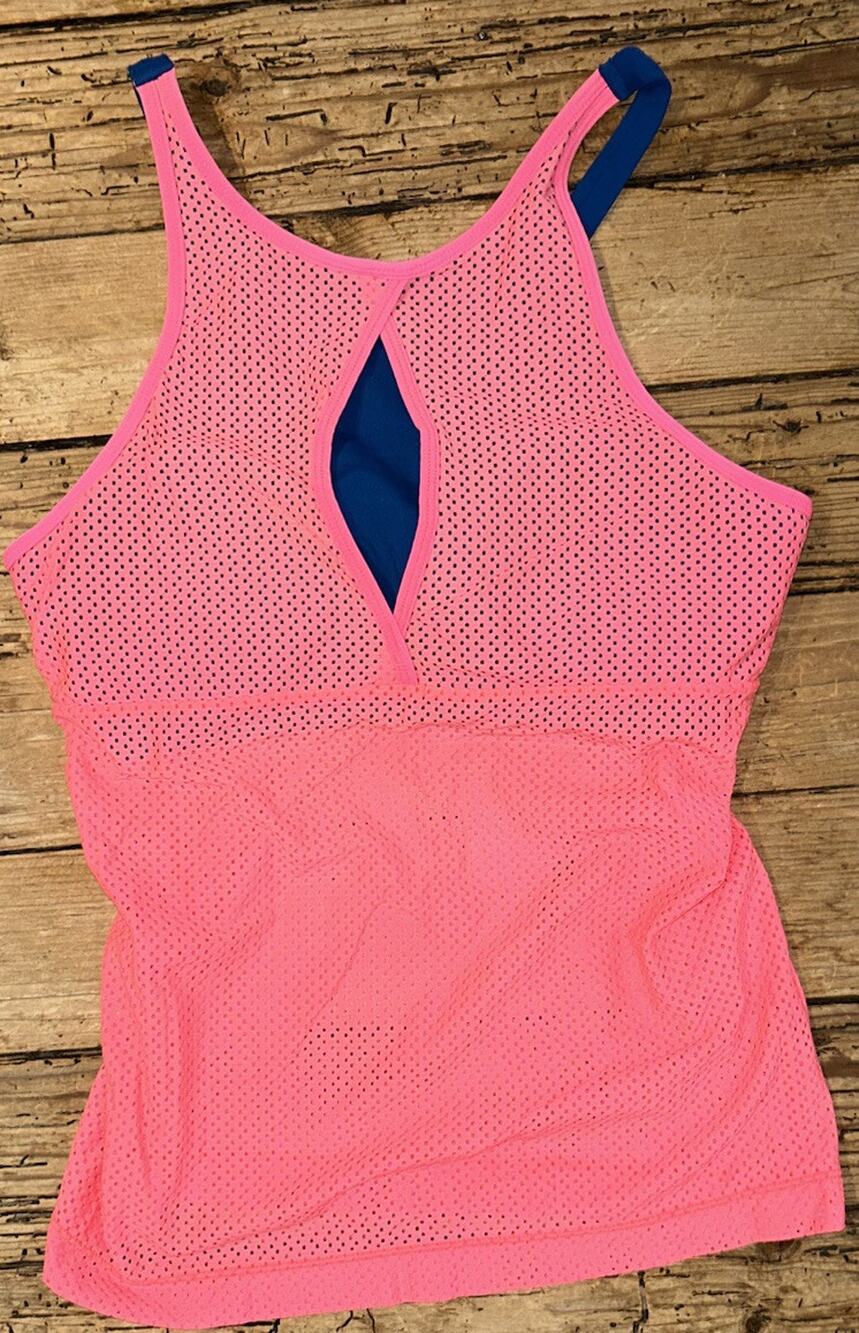Lorna Jane Women’s Size M Neon Pink Mesh Active Tank Blue Built In Padded Bra
